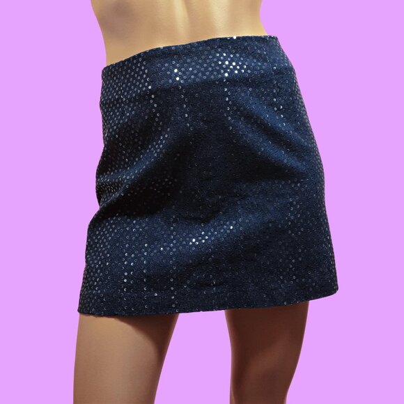 Vintage 90s Dark Denim Mini Skirt Shimmery Sparkly  Sequined Size M Mid Rise - Picture 1 of 9